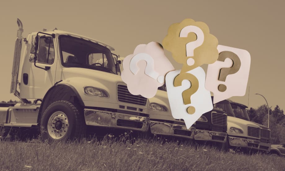Illustration of a row of trucks with question marks overlaid