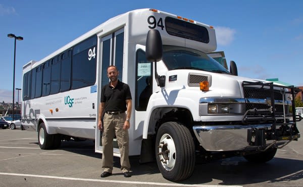 San Francisco campus shuttle seat belt install on track