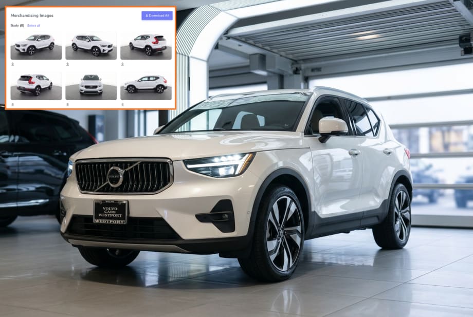 Photo of white SUV in garage with graphic explaining car photo process