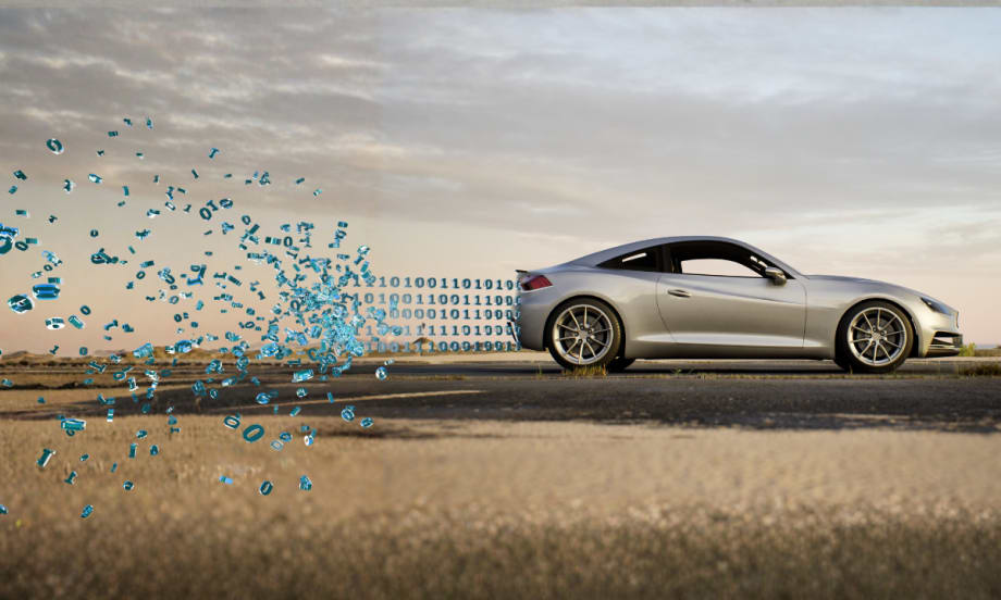 a car's profile, with digital exhaust coming from back