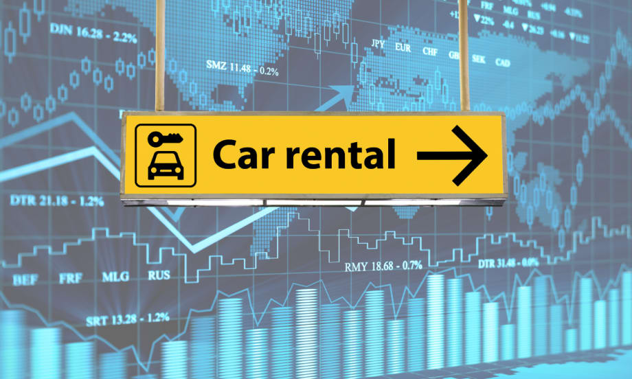 Car rental sign with financial graph in background