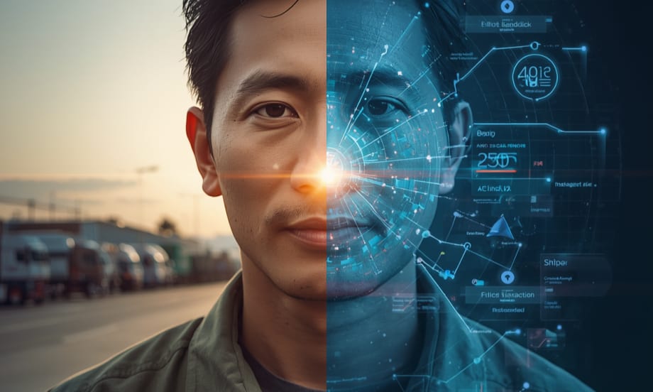 Image of a fleet manager with fleet on left, data on right of his face. 