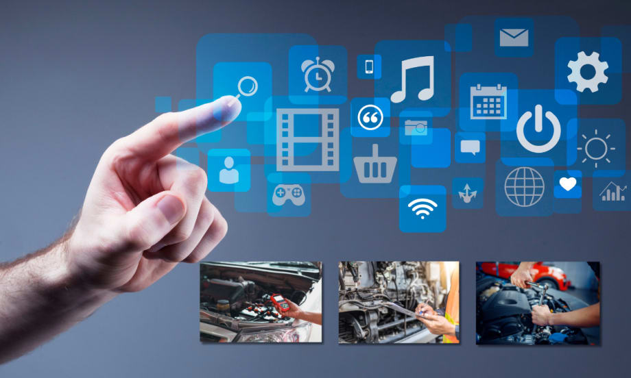 finger touching digital assets with photos of maintenance repairs