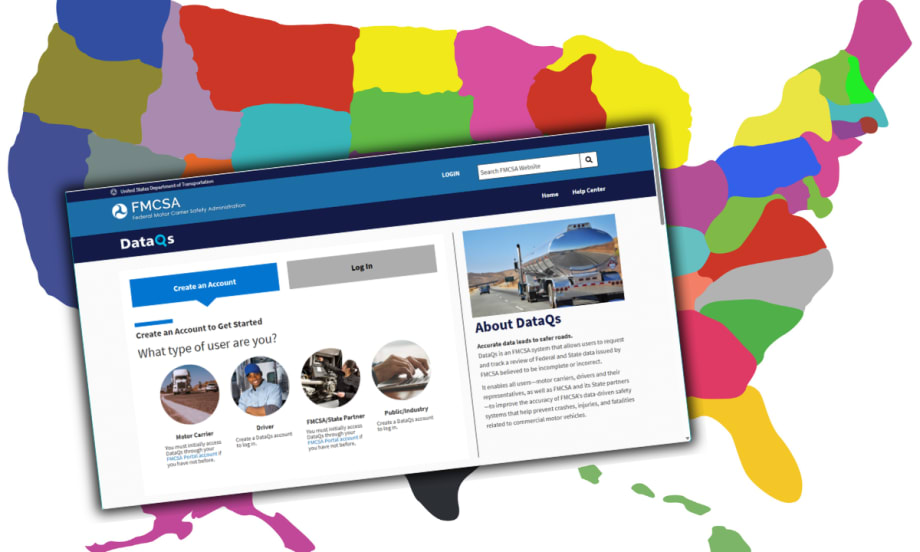 Illustration of colorful map of United States with DataQs website screen superimposed