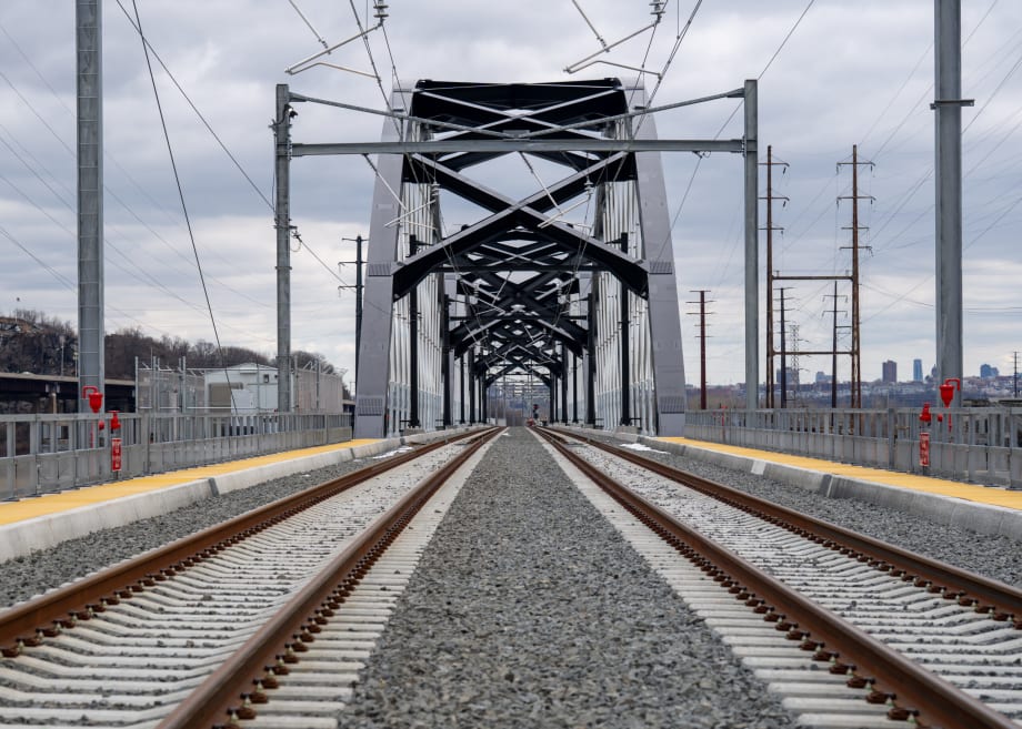 A view looking down the rail across the new Portal North Bridge.