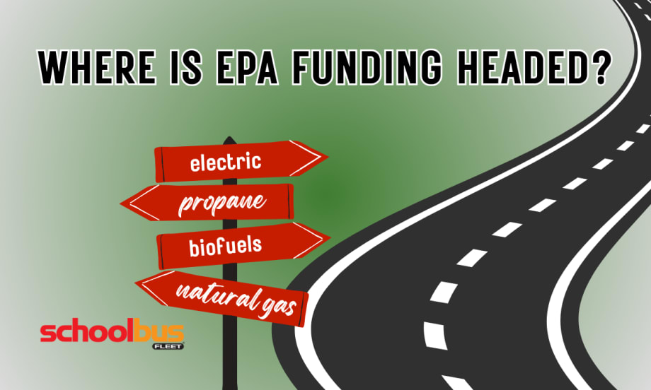 Graphic showing a winding road and directional signpost labeled “electric,” “propane,” “biofuels,” and “natural gas” beneath the headline “Where Is EPA Funding Headed?” with School Bus Fleet logo.