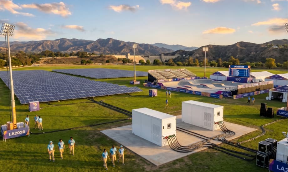 A rendering showing solar panels and mobile chargers with battery storage at an open-air sports venue.