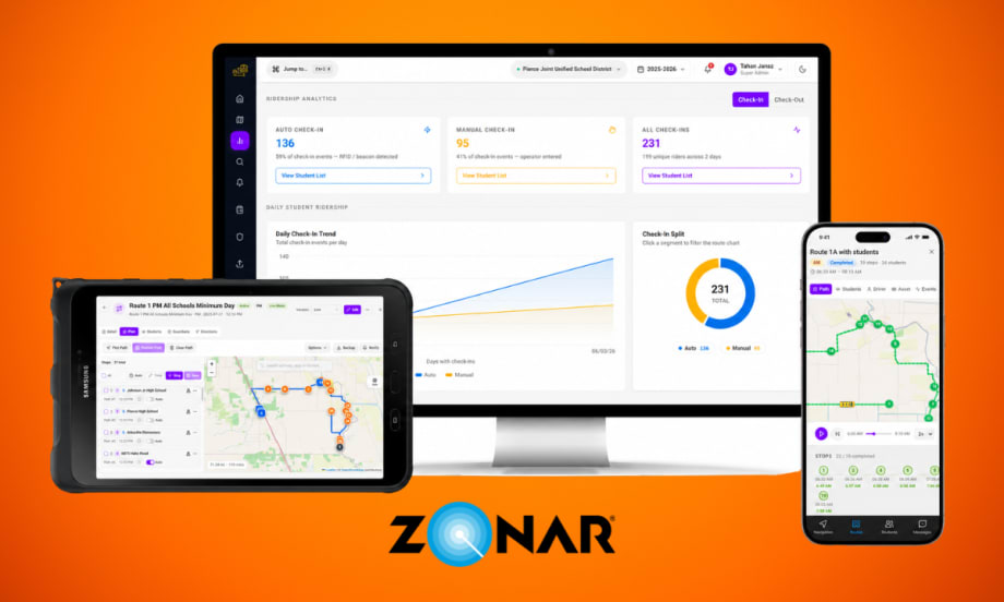 Promotional image of Zonar's Bus Suite platform displayed on a desktop monitor, tablet, and smartphone, showcasing dashboards for ridership analytics, route management, GPS tracking, and real-time student transportation operations.
