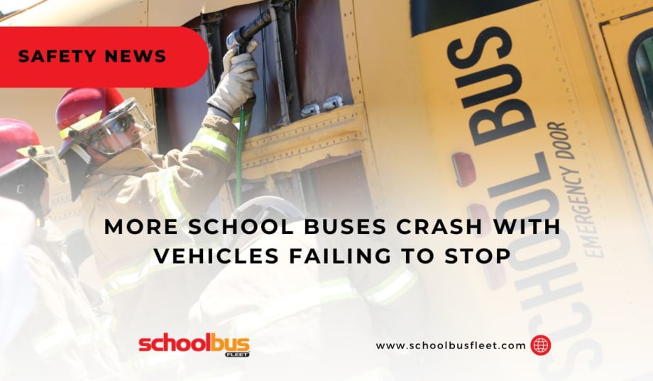 a school bus is turned on its side with firefighters next to it