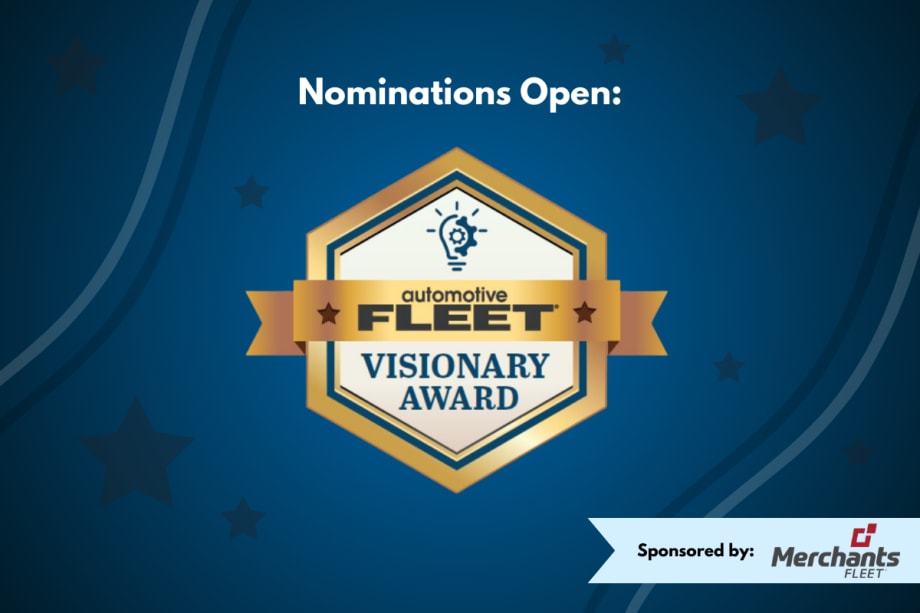 A blue and gold graphic with a logo for the Automotive Fleet Visionary Award.