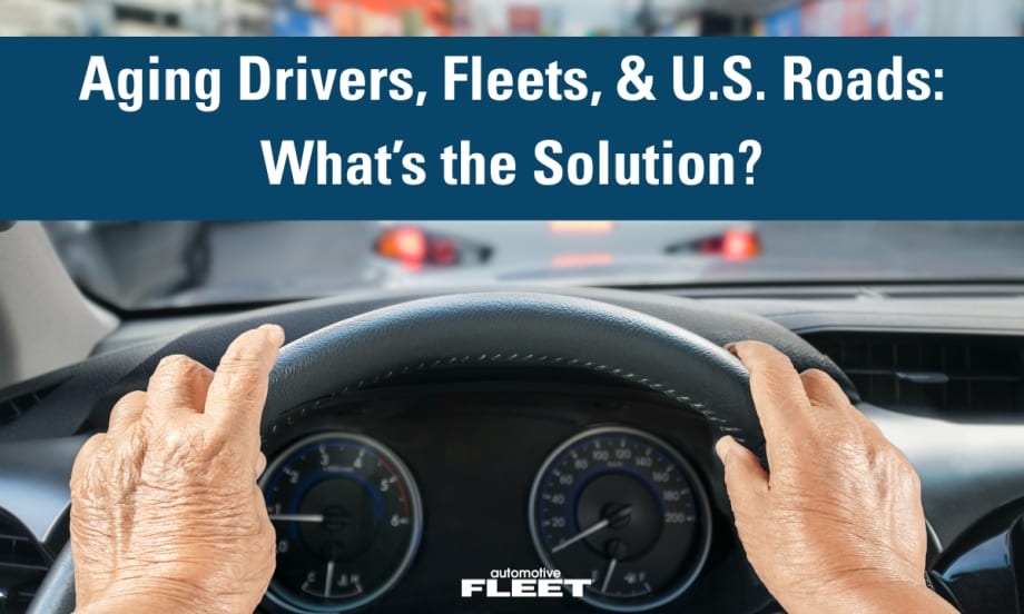 Elderly hands sit on a steering wheel with a caption highlighting safety concerns for elderly drivers.