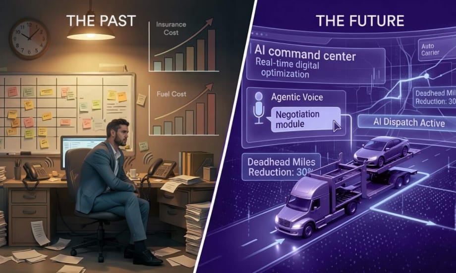 A manual, traditional logistics dispatch center versus a futuristic AI-driven illustrative diagram of a future logistics operation.