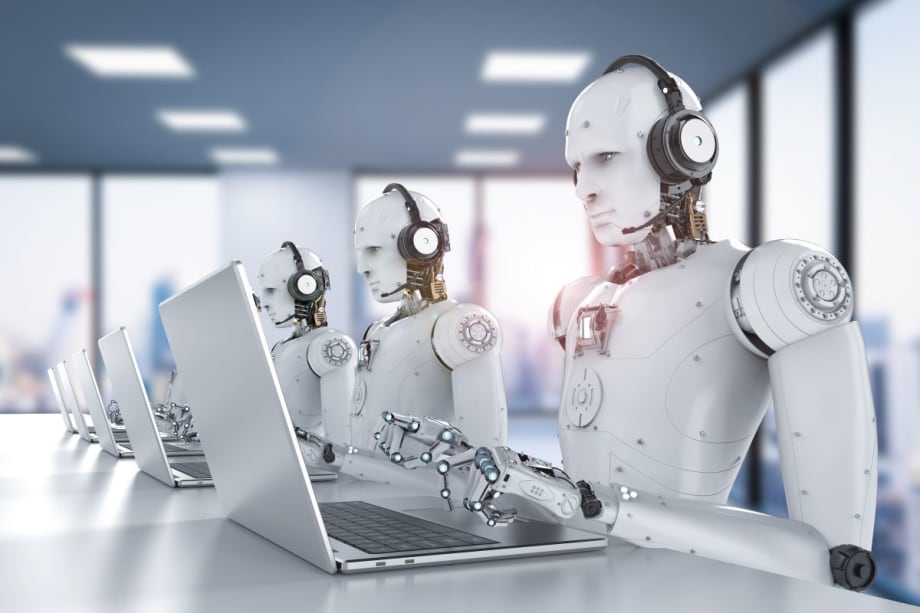 AI robots typing at laptops