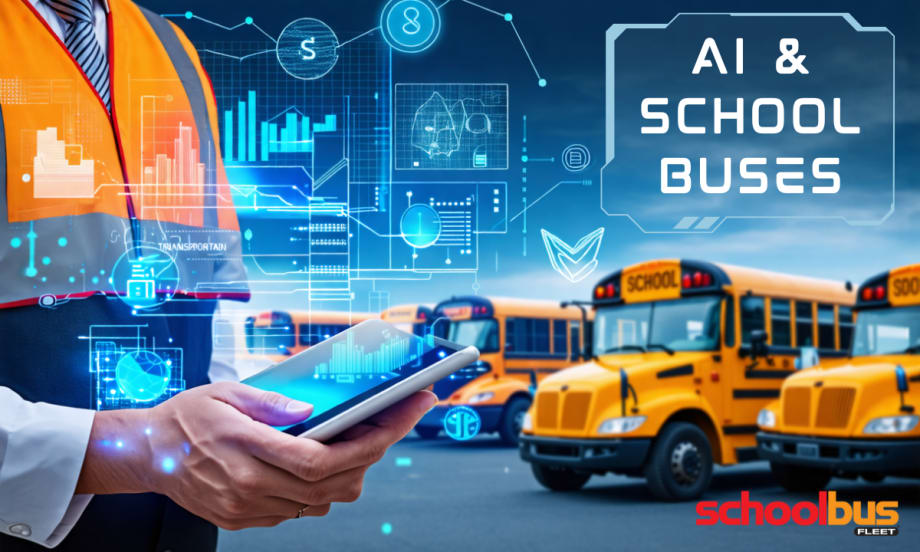 An image of a school transportation director holding a tablet, displaying data symbols overlayed, with several school buses visible in the background.