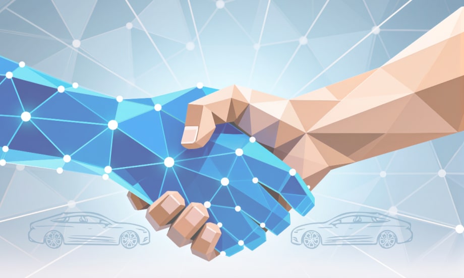 AI hand and human hand shaking hands