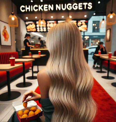 The back of a woman with long blonde hair.
