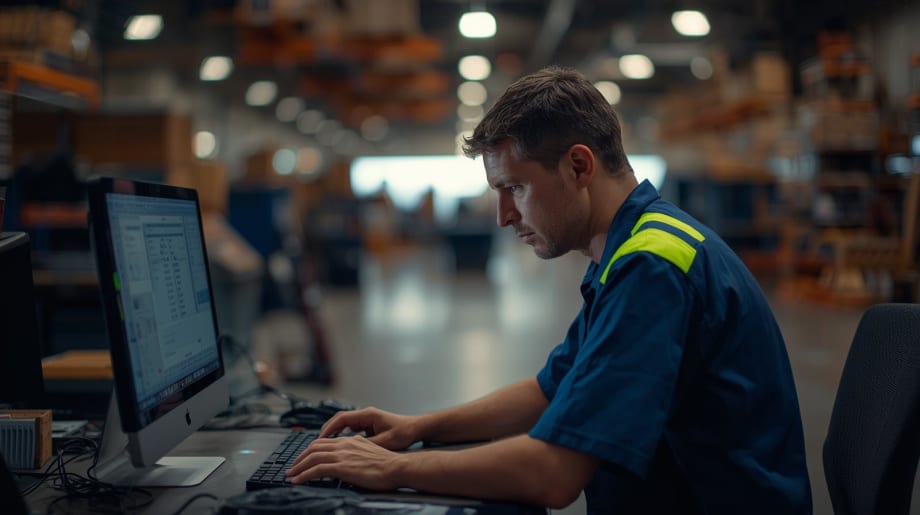 A man looks at a computer with his hands on the keyboard