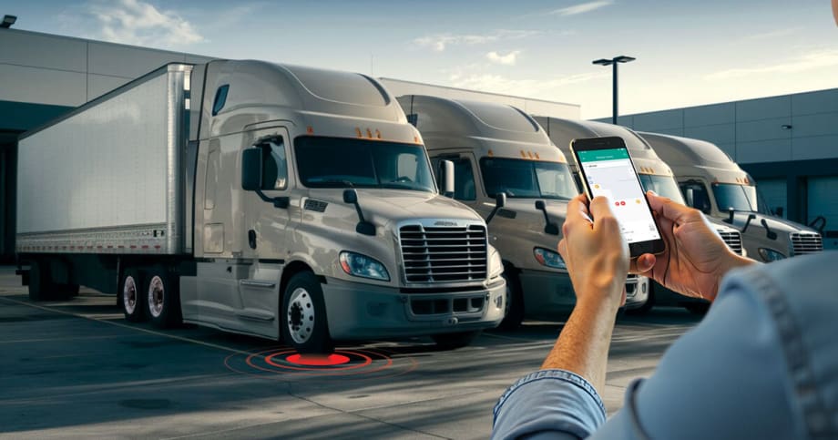 Illustration of technician using Aperia app to identify truck with tire issues