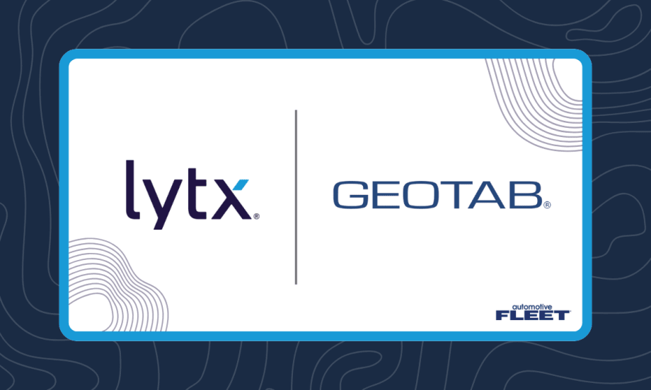A blue and white graphic with Lytx and Geotab logos.