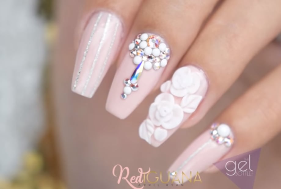 Elegant Pink Nails With 3-D Flowers