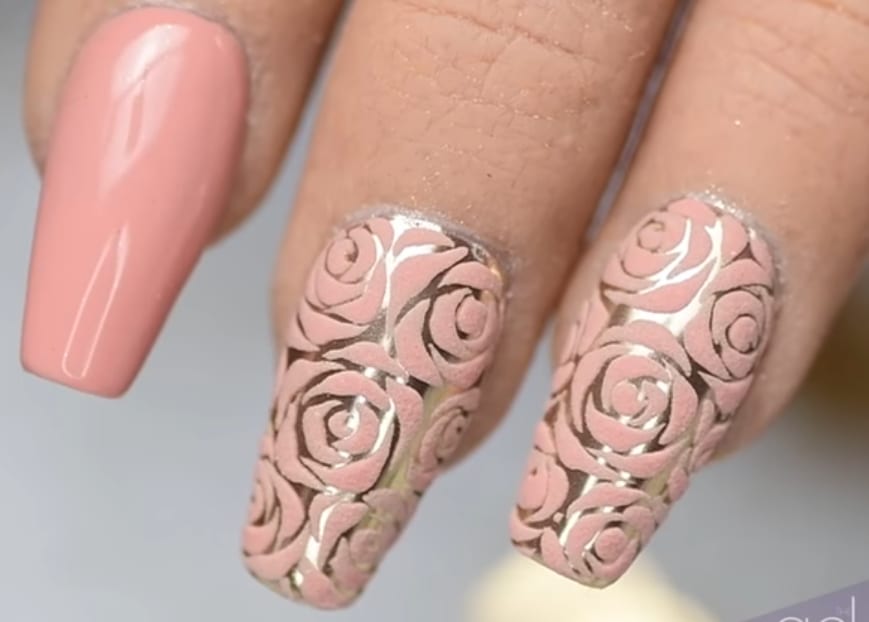 Pink Rose Nail Art on Mirror Gold Chrome