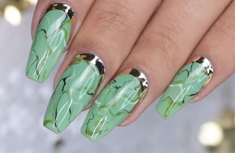 Green Marble Nails With Gold Accent