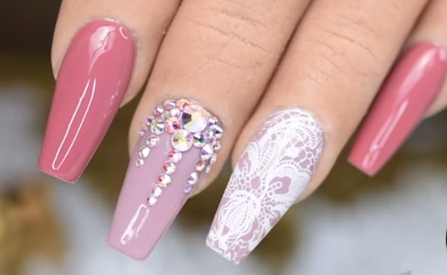 Lace Nail Art With Crystals