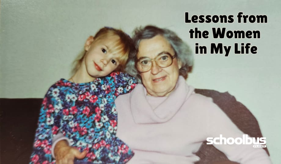 old photo of amanda huggett with her grandma, both sitting on a brown couch, with text that says "lessons from the women in my life"