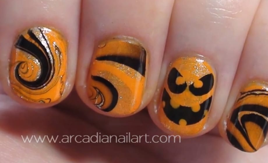 Halloween Pumpkin Water Marble Nail Art