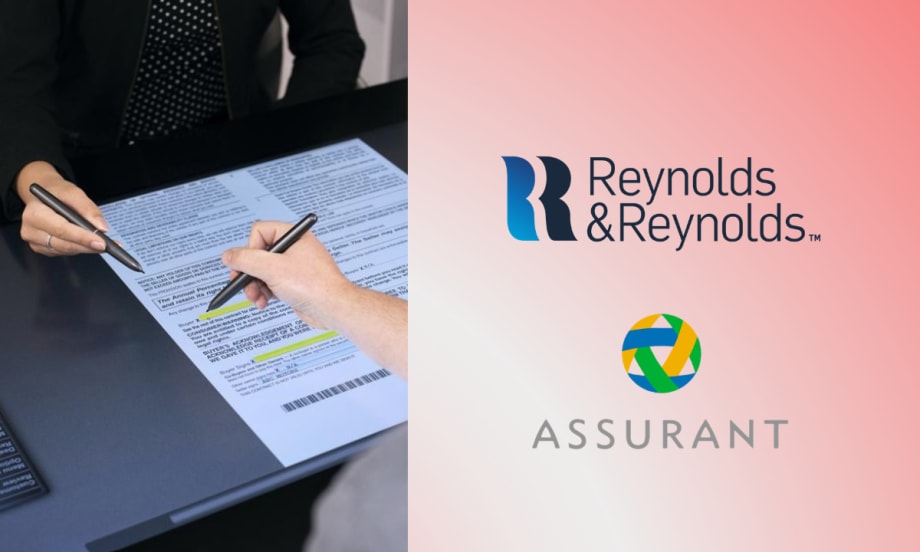 A customer signs documents on a digital e-contracting tablet using a stylus while a dealership employee points to the screen, alongside the Reynolds and Reynolds and Assurant logos.