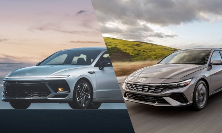 A split image of the 2025 Hyundai Elantra and Sonata.
