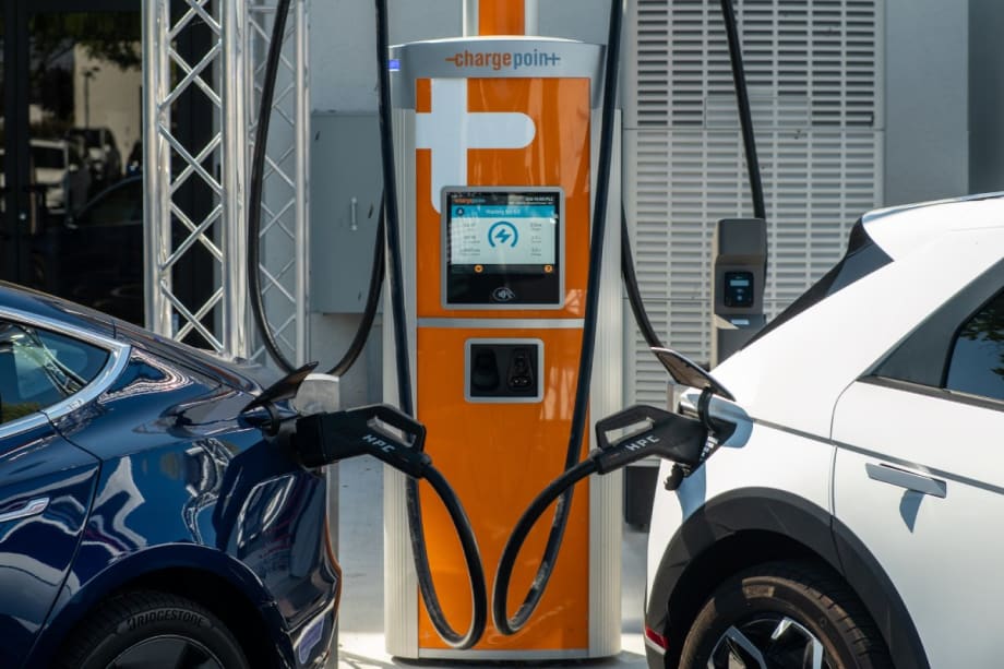 ChargePoint station charging two electric vehicles.