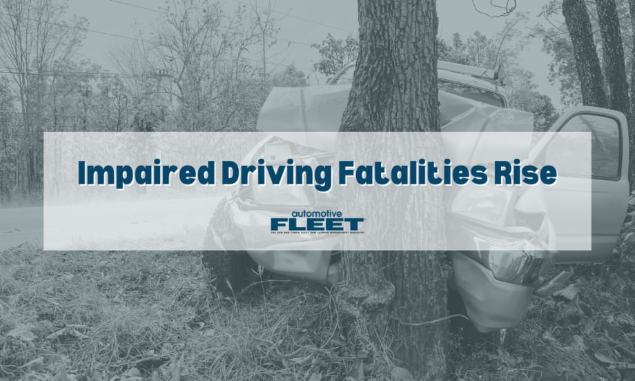 The background shows the front end of a car crashed into a tree, the foreground reads "Impaired Driving Fatalities Rise".