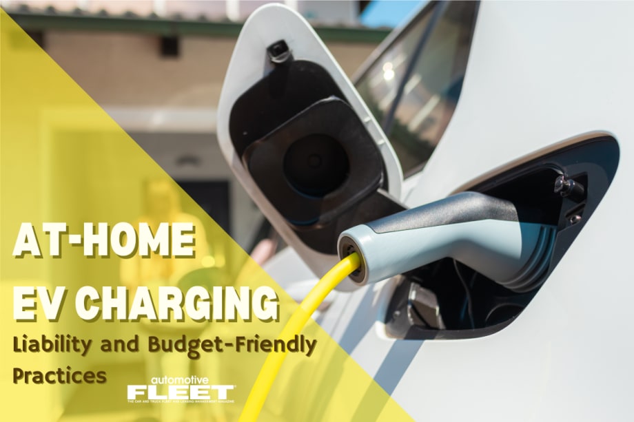 Yellow graphic with text saying, "At-Home EV Charging, Liability and Budget-Friendly Practices" overlayed on an image of a white electric car charging in front of a house.