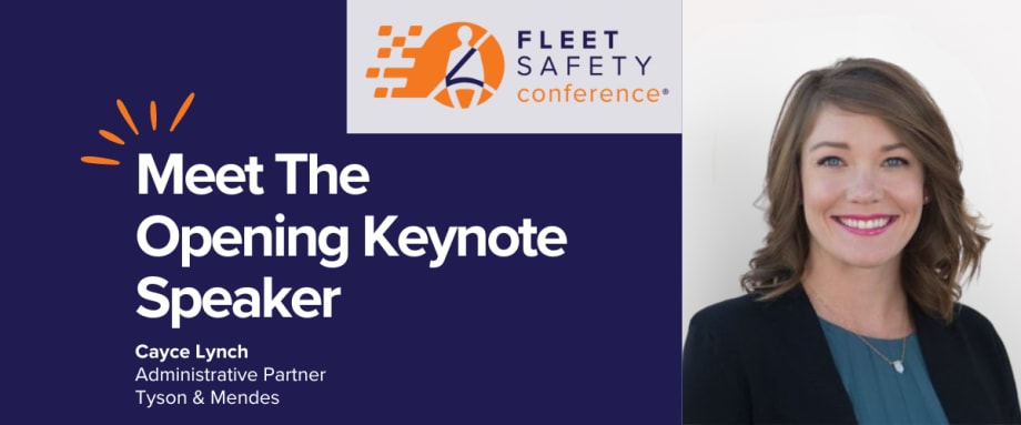 Graphic announcing Cayce Lynch as the opening keynote speaker for the Fleet Safety Conference.