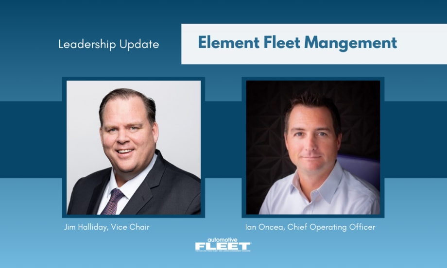 A blue graphic with information announcing Jim Halliday as the new Vice Chair of Element Fleet Management and Ian Oncea as the new COO.