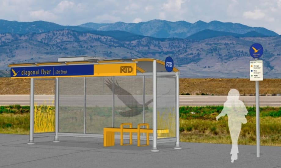 Rendering of a RTD Bus Rapid Transit service stop branded with the Diagonal Flyer design.