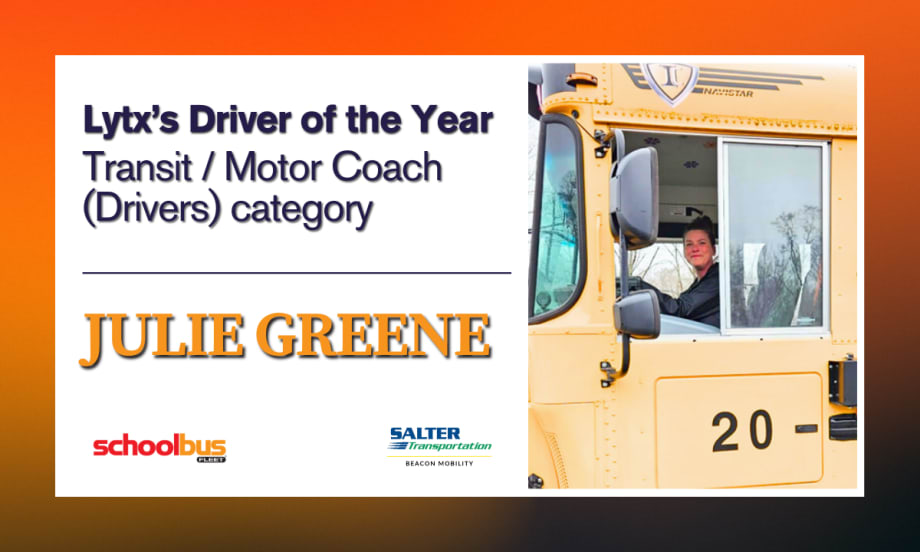 A graphic announcing Julie Green as the award winner with a picture of her in the driver's seat of a school bus.