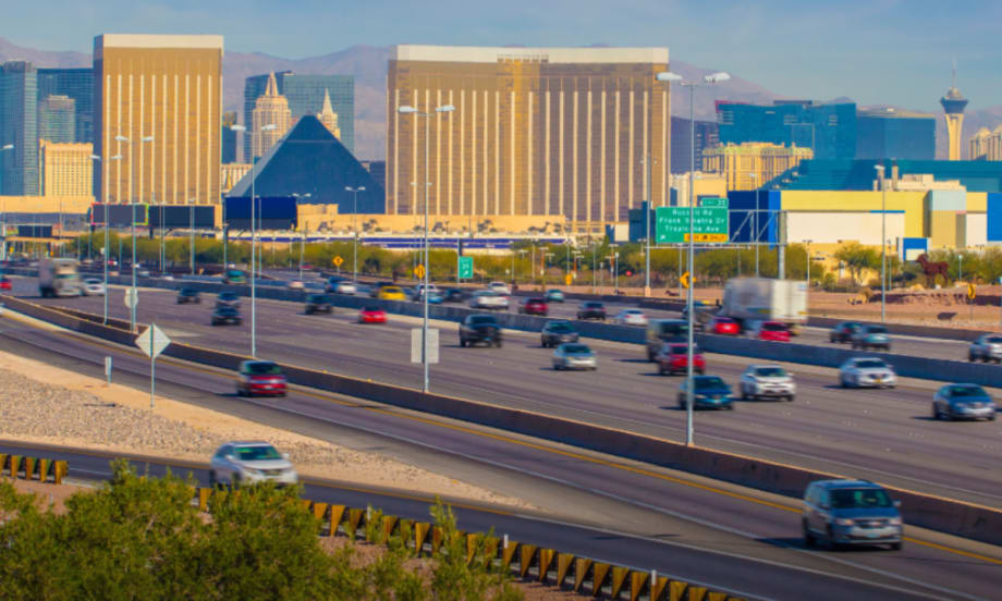 A highway with traveling cars in Las Vegas, Nevada.