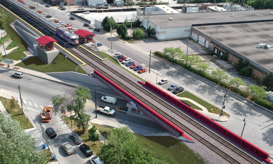 Aerial view of the new Metra Grayland Station and bridge.