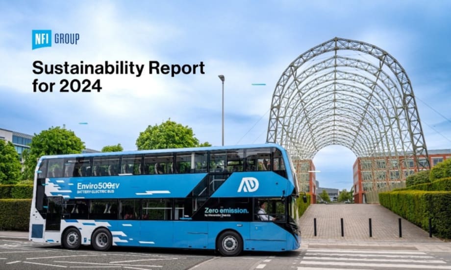 A blue double-decker bus with text reading "Sustainability Report for 2024".