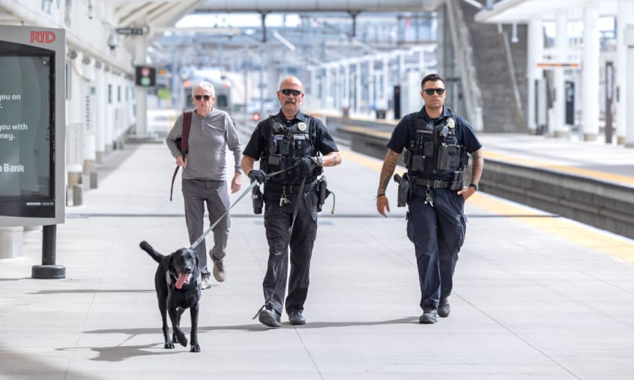 Two RTD transit police officers walk along a track with a police dog on a leash.