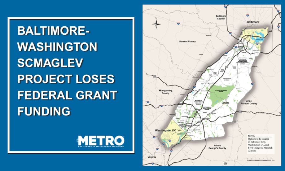 A blue and white graphic with a map of the SCMAGLEV study area in between Baltimore and Washington D.C.