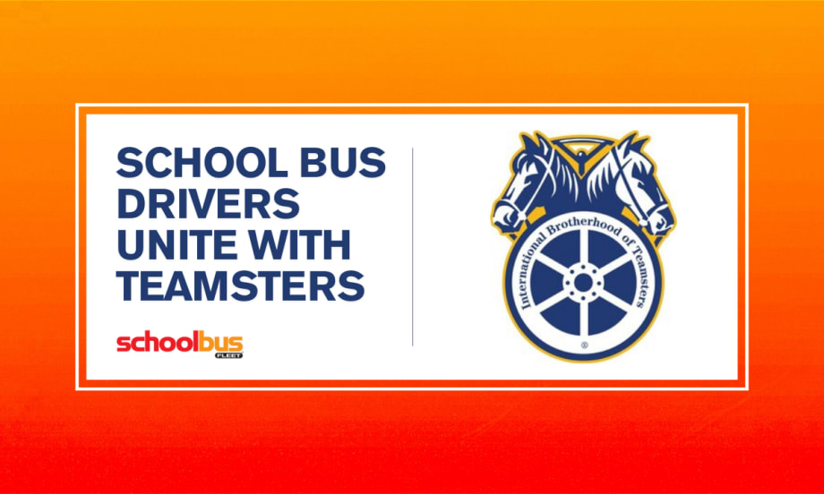 An orange and white graphic with a Teamsters logo and text reading "School Bus Drivers Unite With Teamsters."