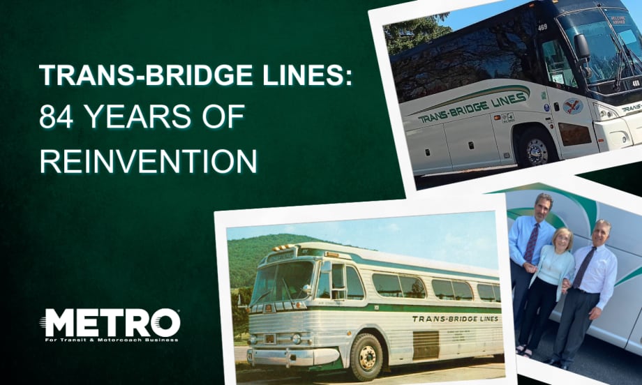 A green and white graphic with Trans-Bridge Lines historical images.