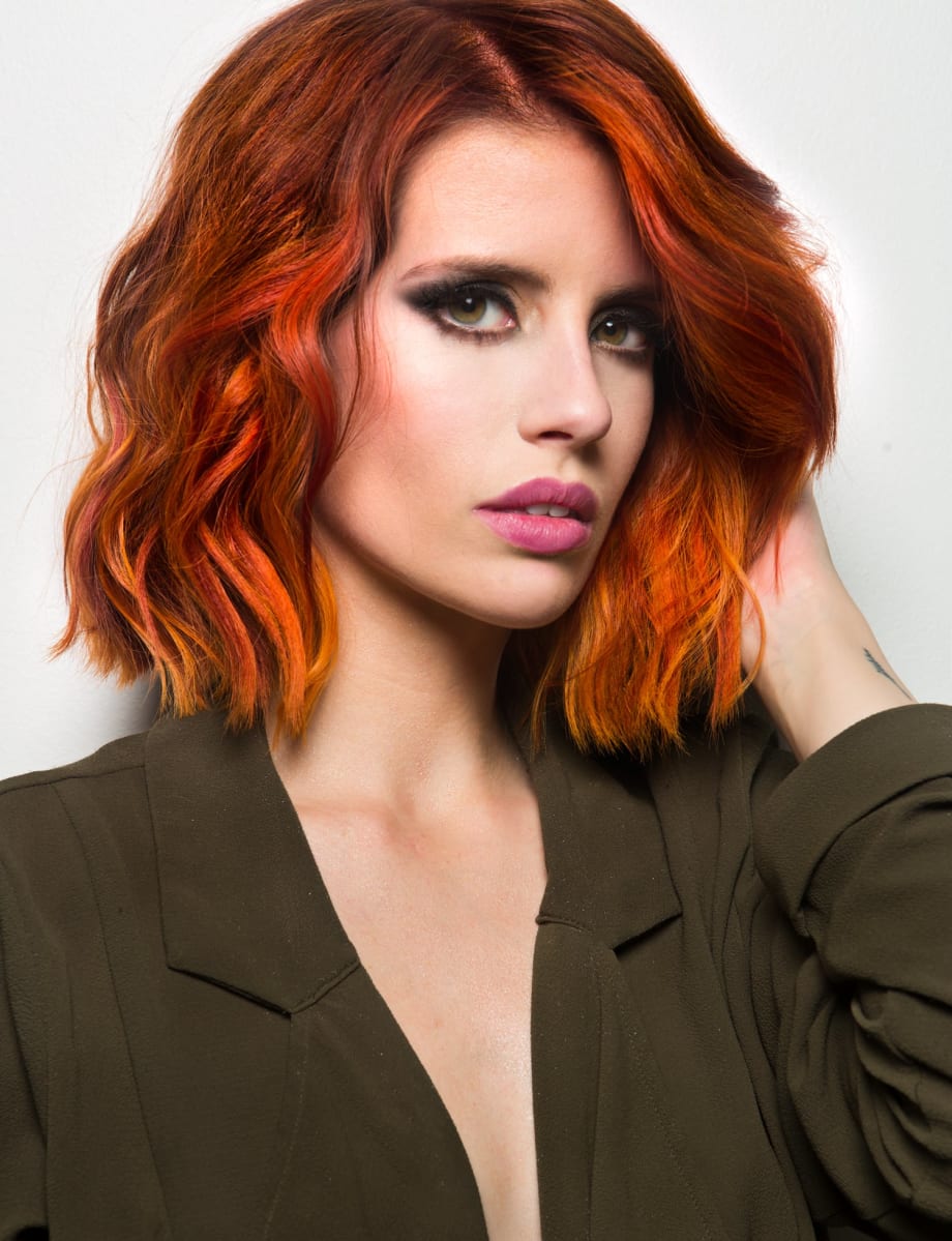 Aveda Formula: Blonde Meets Fire Red Balayage with a Blunt Texturized Bob