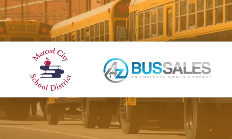 Logos of Merced City School District and A-Z Bus Sales over school buses, representing a completed EV charging infrastructure project for electric school buses.