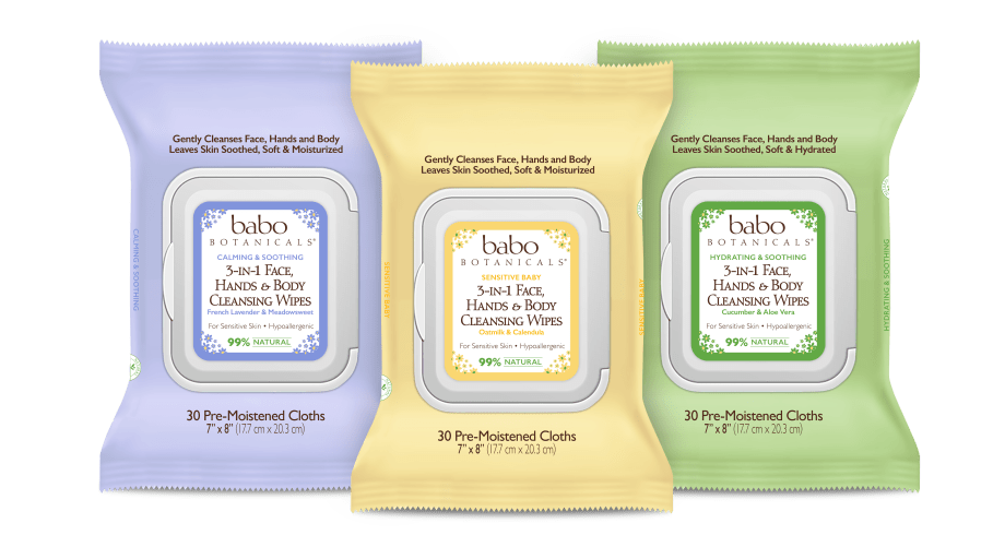 Babo Botanicals' 3-in-1 Multi-Tasking Cleansing Wipes for Face, Hands and Body