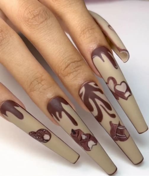 Unique, Hand-painted Designs for Long Matte Nails