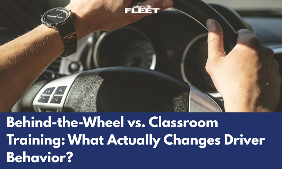 Driver’s hands on steering wheel in a sunlit vehicle, representing real-world driver behavior and the shift from data monitoring to hands-on training in fleet safety programs.